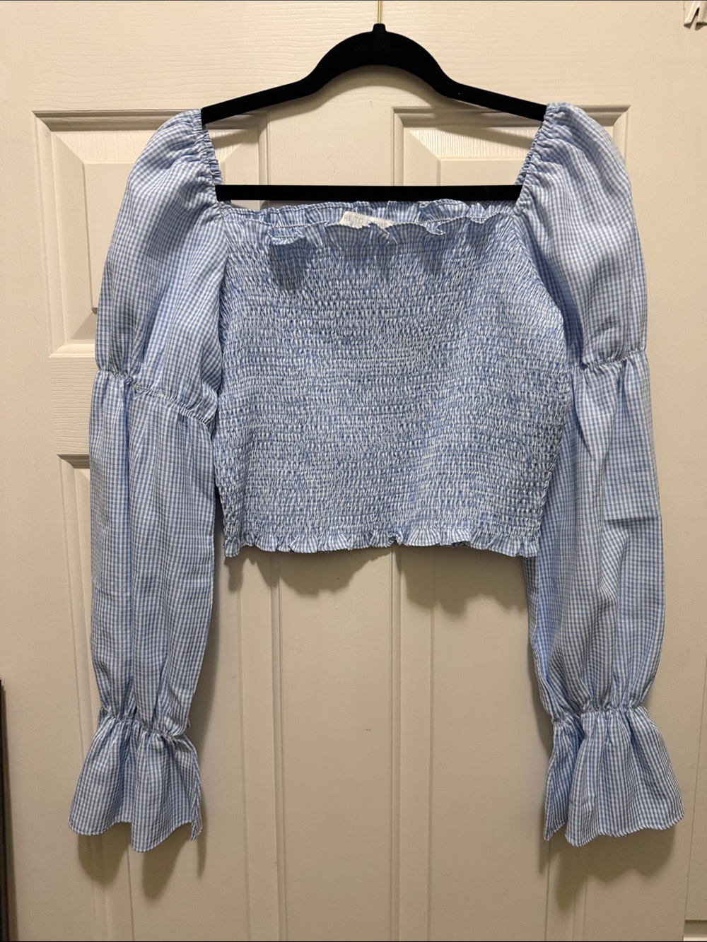 Blue Gingham Smocked Off-Shoulder Crop Top